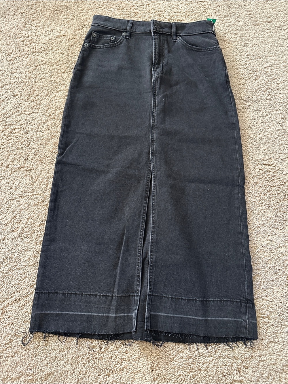 Black Denim Midi Skirt with Raw Hem and Center Slit Sz: 27/4